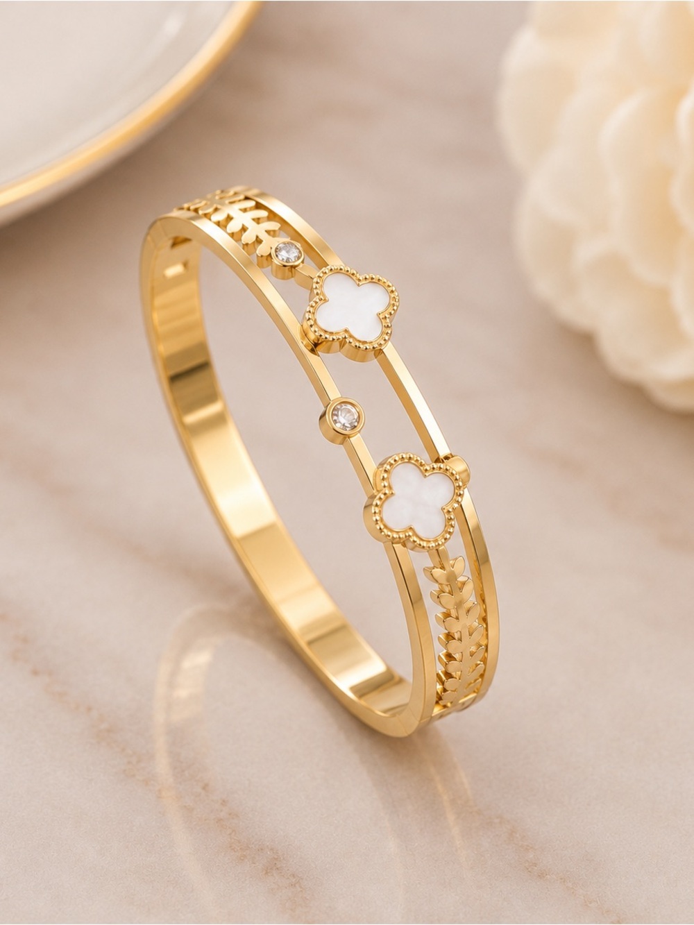 Gold Clover Bangle Bracelet with White Inlay - Women's Jewelry